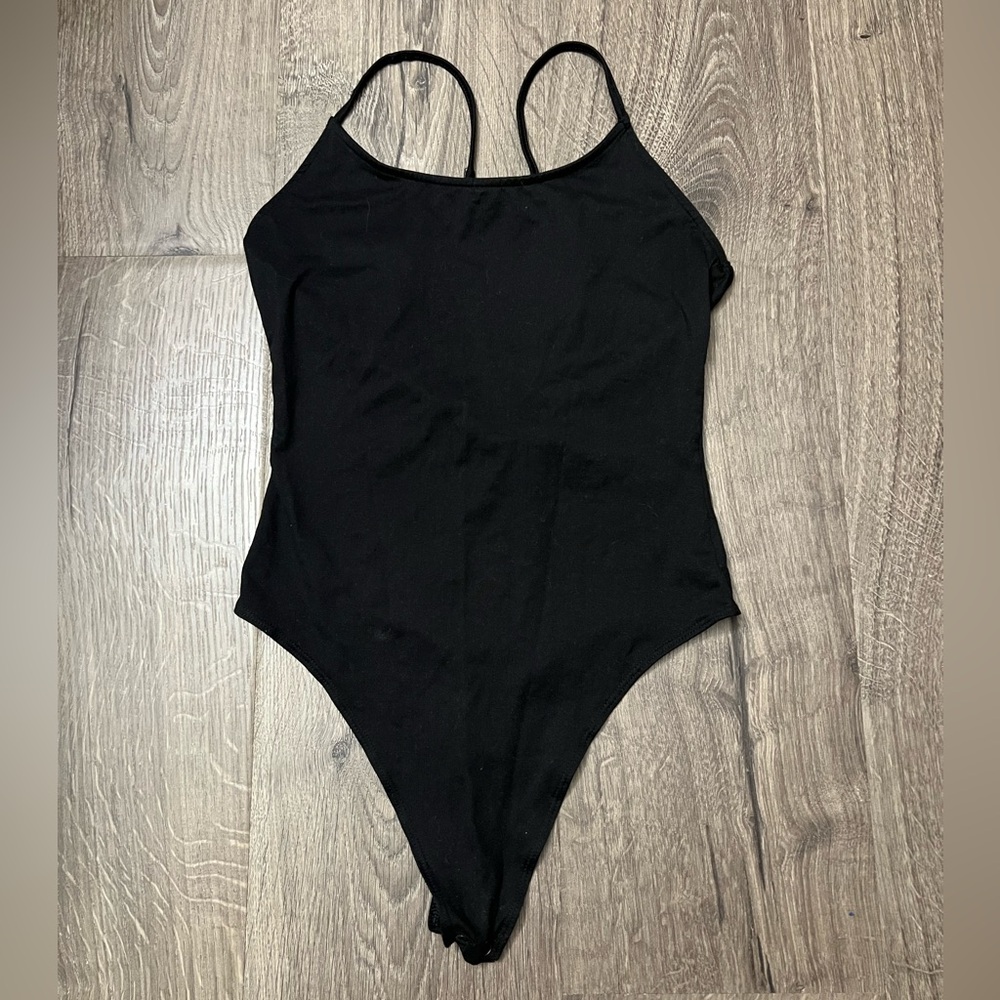 American Eagle Deep-V Back Cami Spaghetti Strap Solid Black Plunge Bodysuit